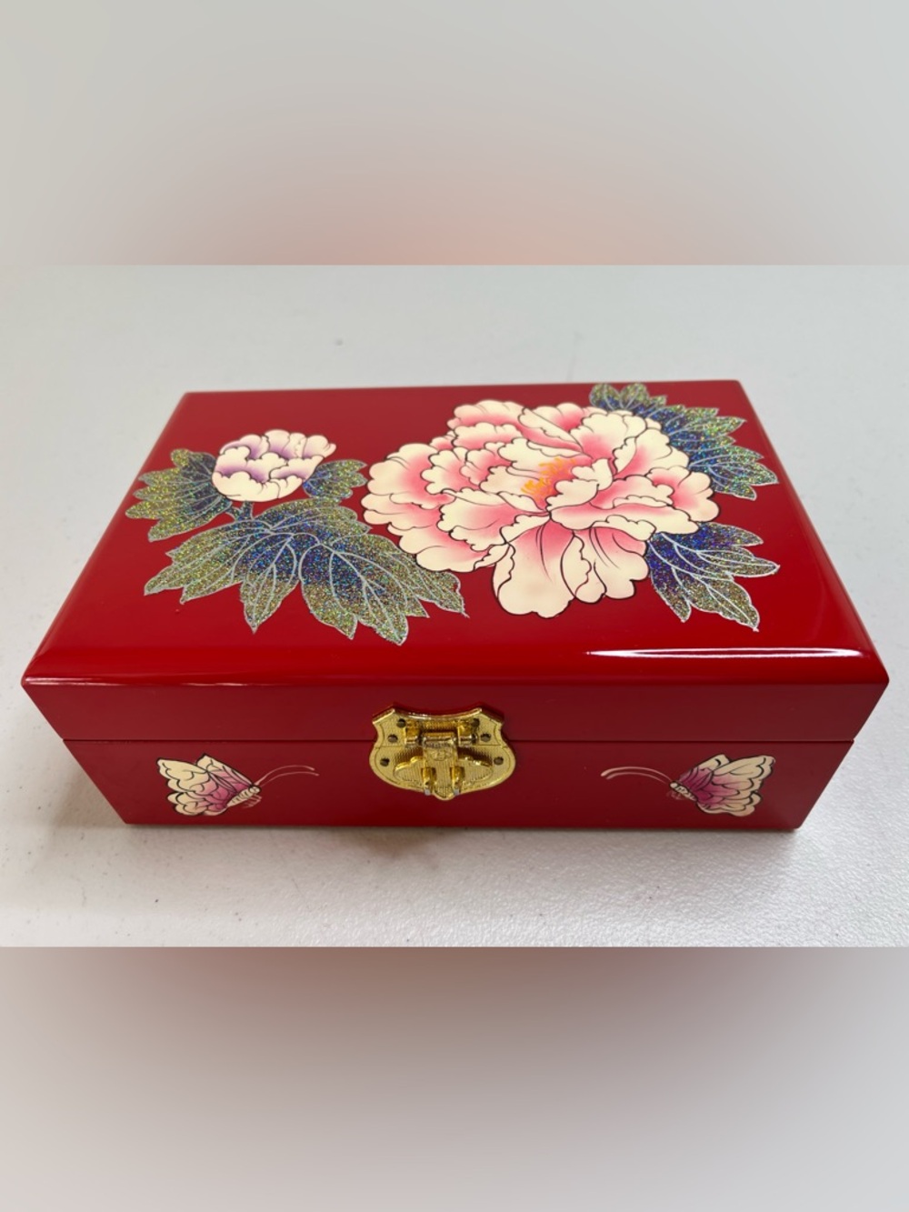 Red Vintage Wooden Jewelry Storage Box with Hand-Painted Floral Design